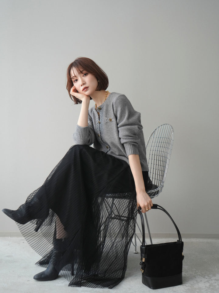 [SET]編みこみアンティークボタンニットカーディガン+チュールストライプボリュームスカート(2set)