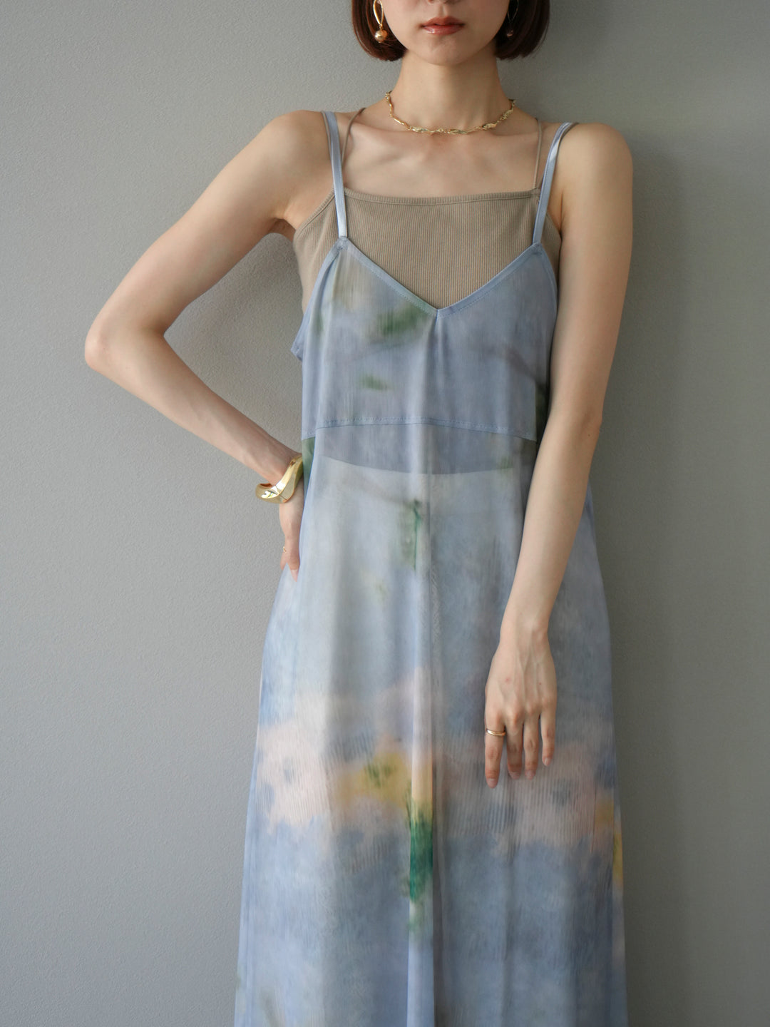 [予約タイダイ柄シアーキャミワンピース/サックス