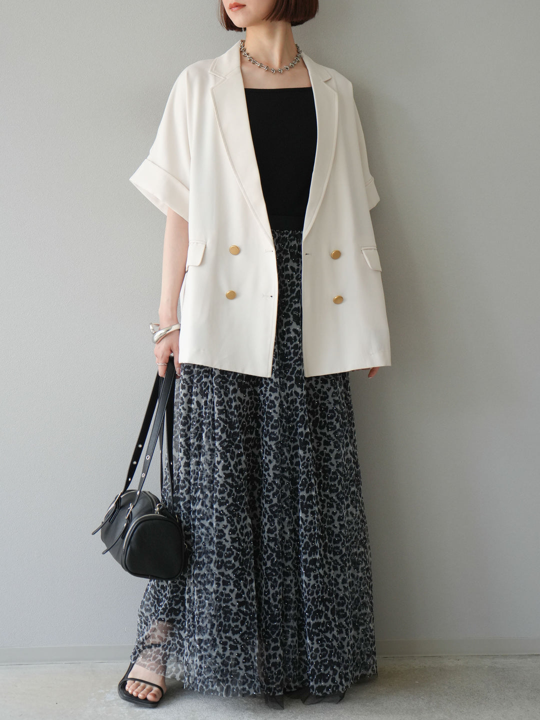 [予約]レオパードチュールレイヤードプリーツスカート/ブラック