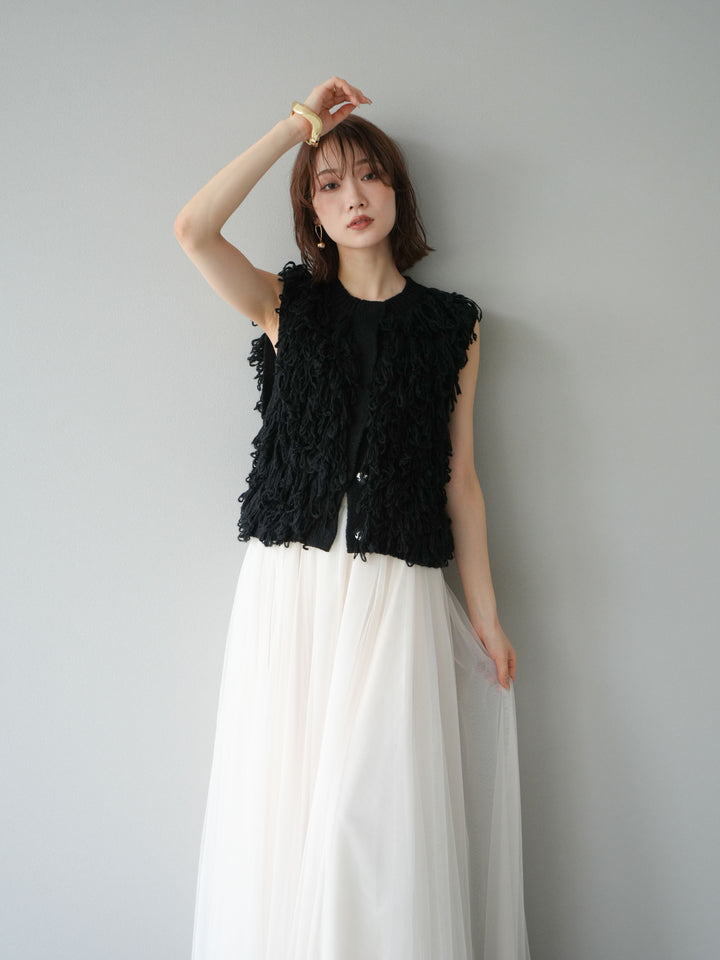 [SET] 前開衩針織背心 + 薄紗蓬鬆裙 (2 件套)