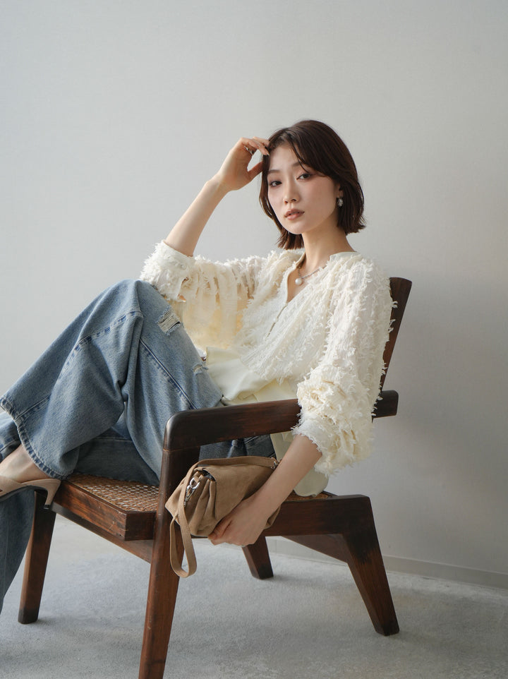 [予約]ジャガードぺプラムフリルブラウス/ivory