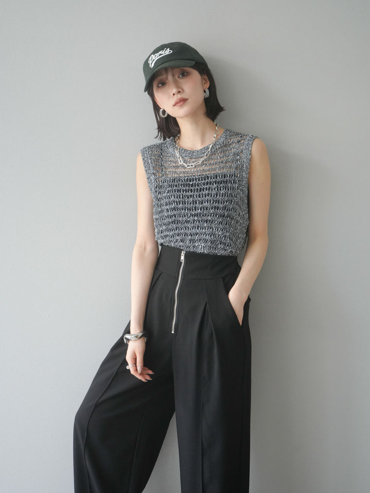 [予約]ミックスヤーン透かし編みニットタンクトップ/ブラック