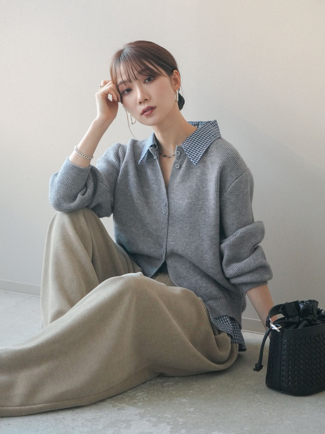 [SET]チェックシャツ襟ニットカーディガン+チェックシャツ襟ニットカーディガン(2set)