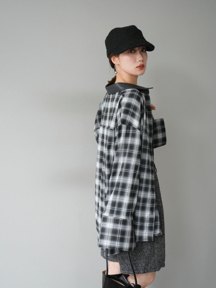 [SET]レザー襟オンブレチェックオーバーシャツ +ツイードハーフパンツ(2set)