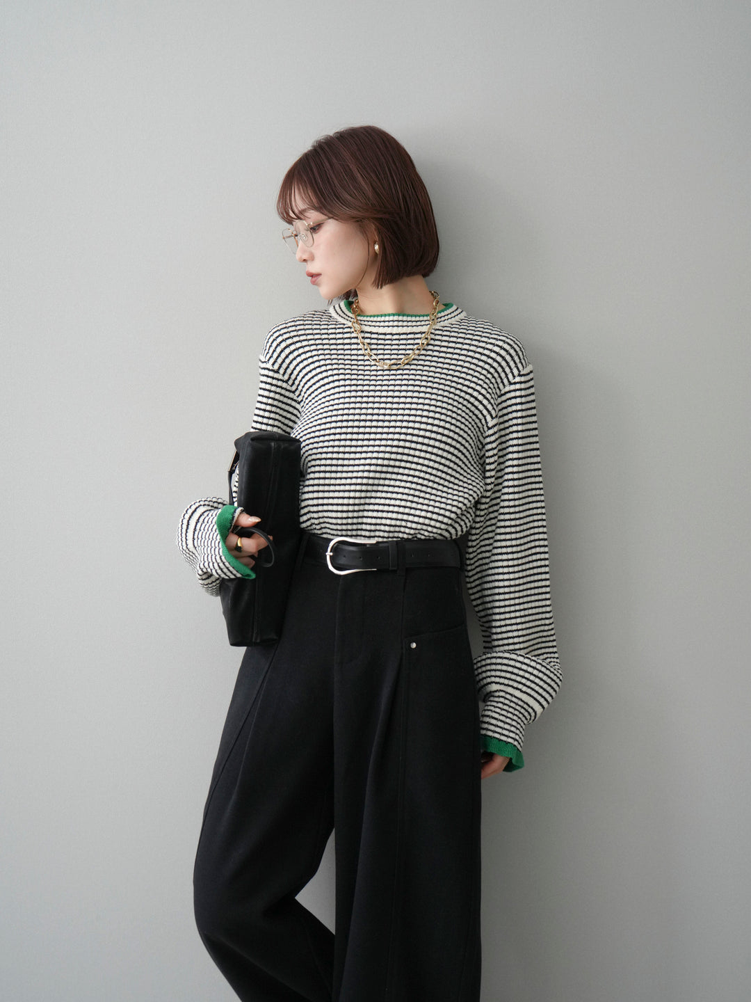 [SET]ラメ異素材ボーダーリブニットプルオーバー+ベルト付起毛コクーンパンツ(2set)