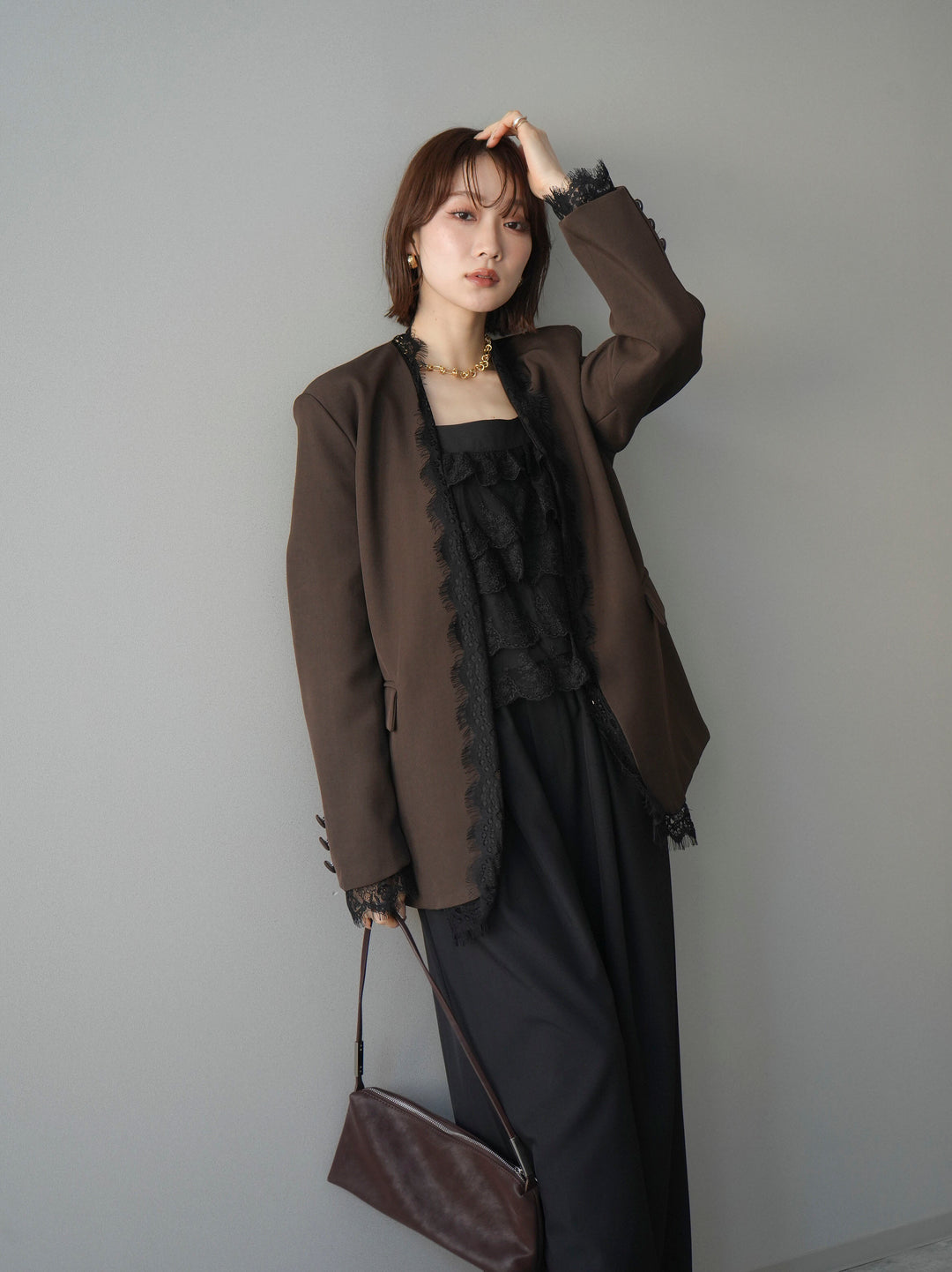 [SET]ノーカラーレースジャケット+スカラップレースフリルキャミソール(2set)