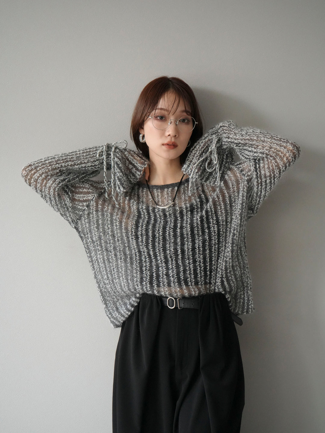 [予約]ストライプメッシュニットプルオーバー/グレー