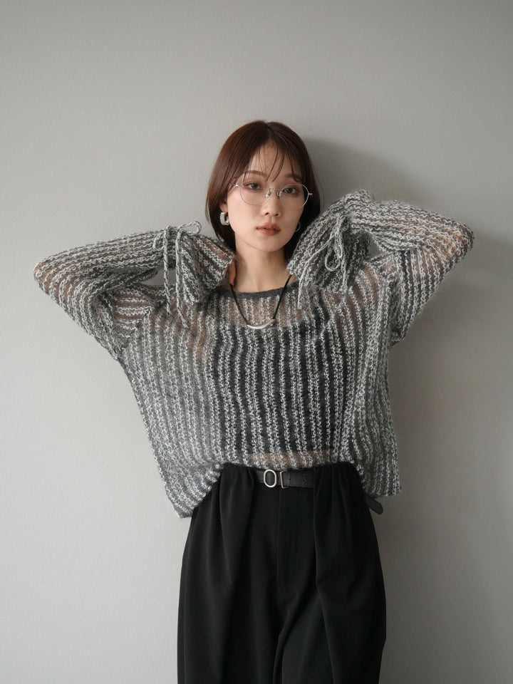 [予約]ストライプメッシュニットプルオーバー/グレー