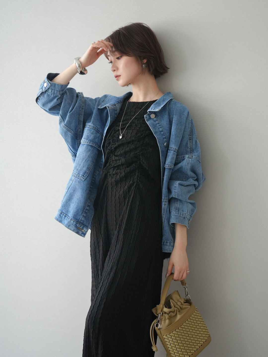 [予約]シャーリングジャガードノースリーブワンピース/black