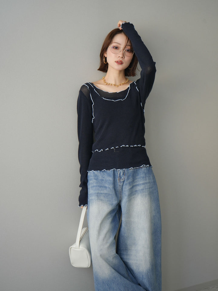 [予約]バイカラーメローアンサンブルシアーニットトップス/navy