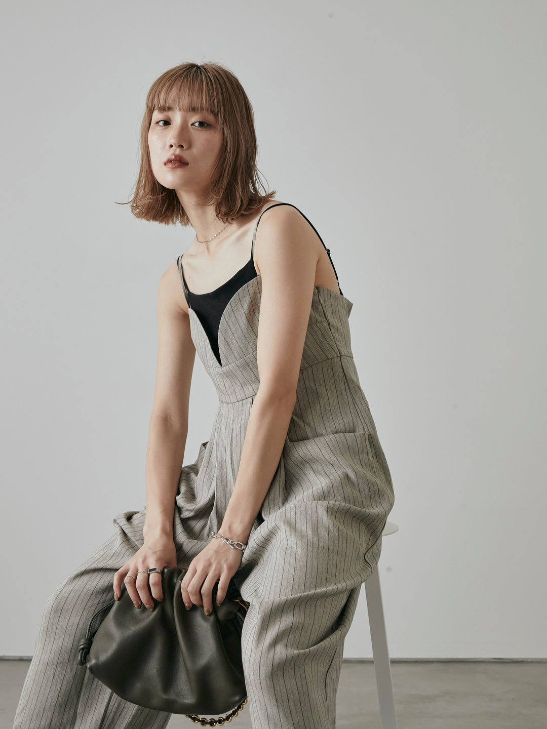 【預購】人字紋條紋工裝褲/米白色