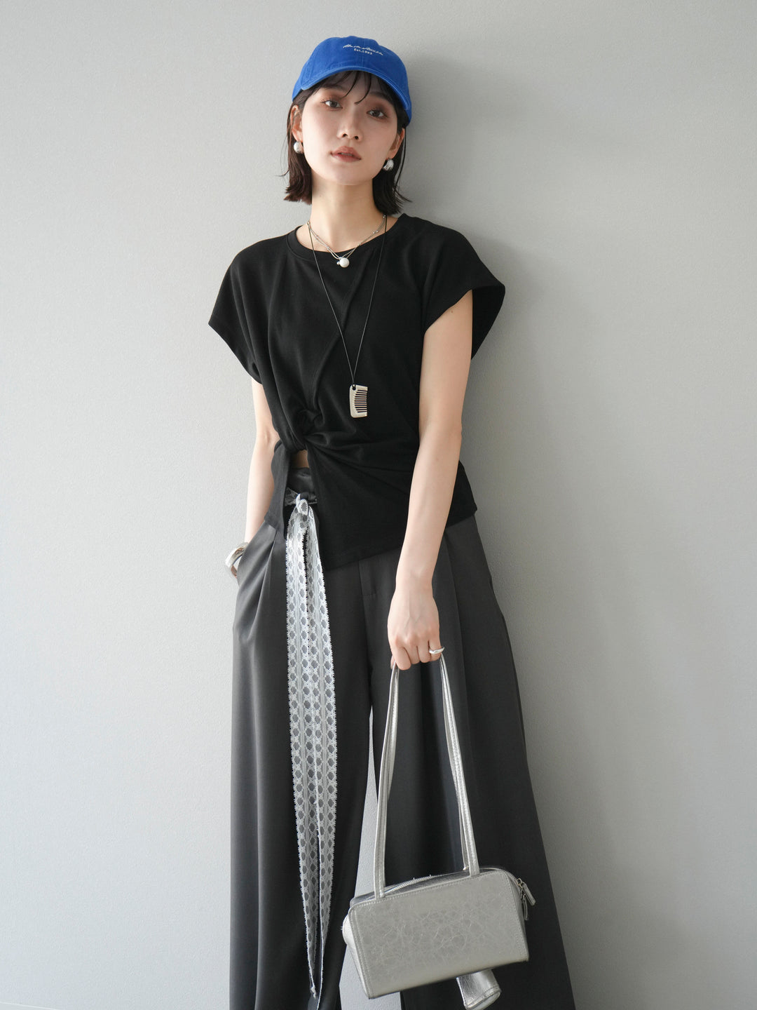 [予約]カシュクールTシャツ＆コームネックレスSET /ブラック