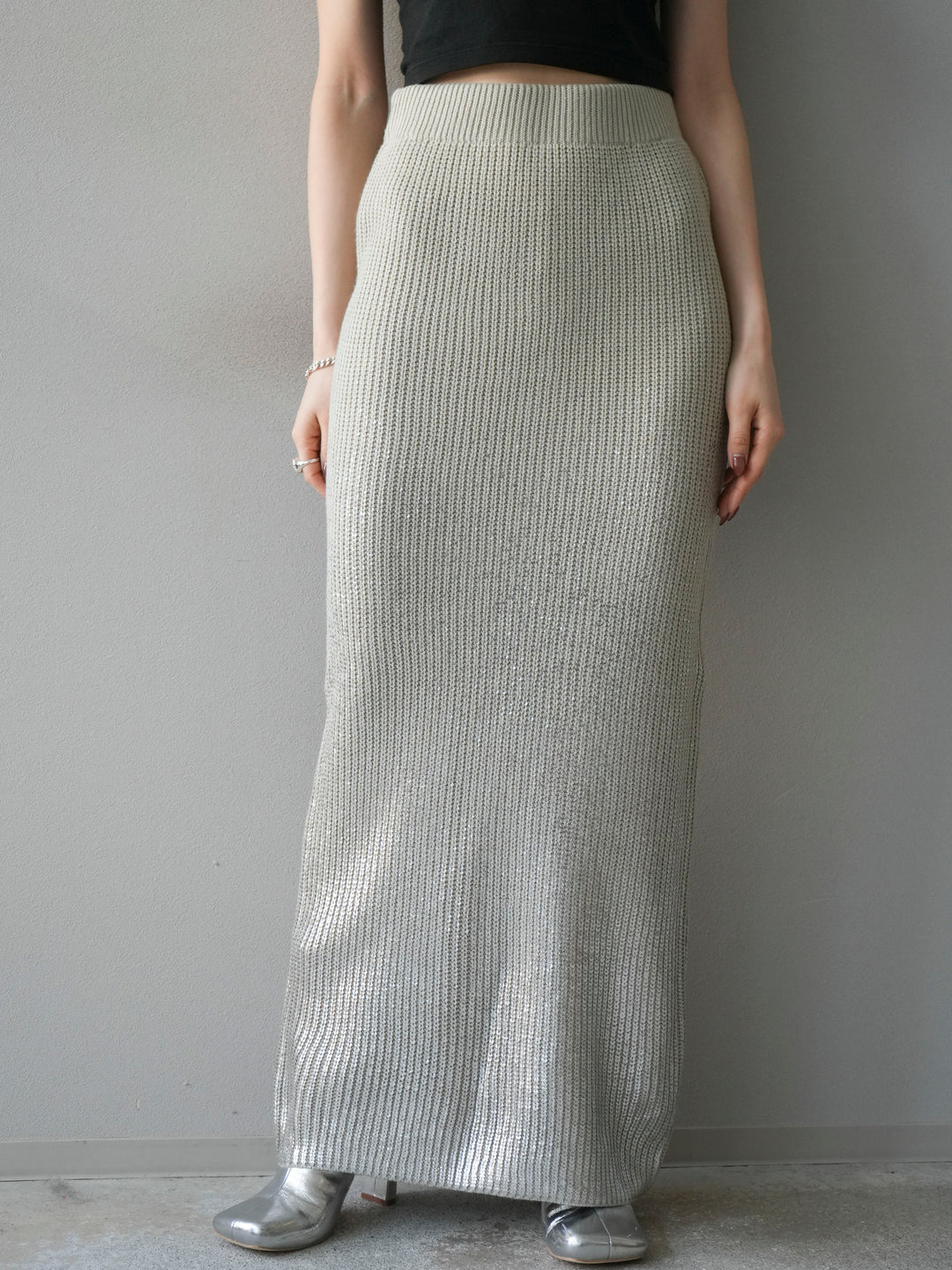 [予約]箔プリントニットタイトスカート/lightgray