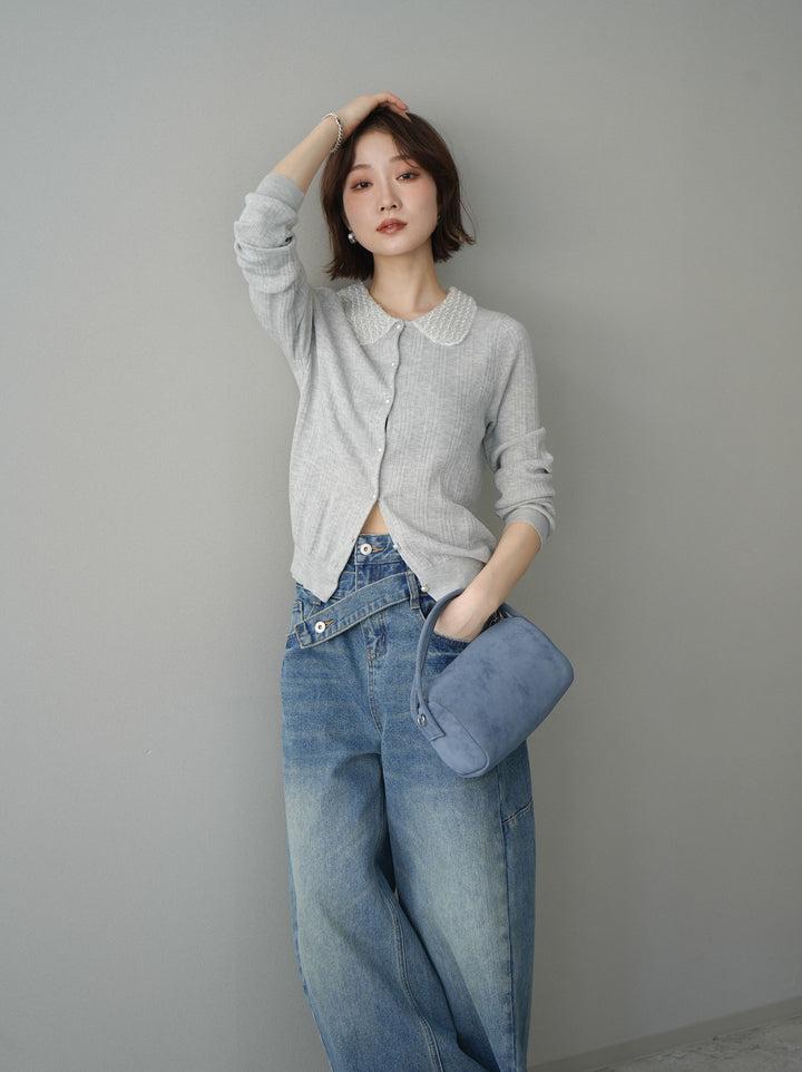 [予約]ビジュー襟パールボタンニットカーディガン/gray