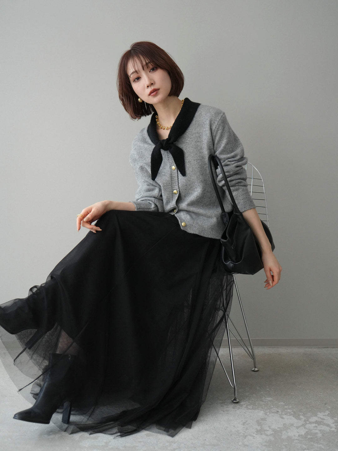[SET]デザイン襟ニットカーディガン+チュールボリュームスカート(2set)