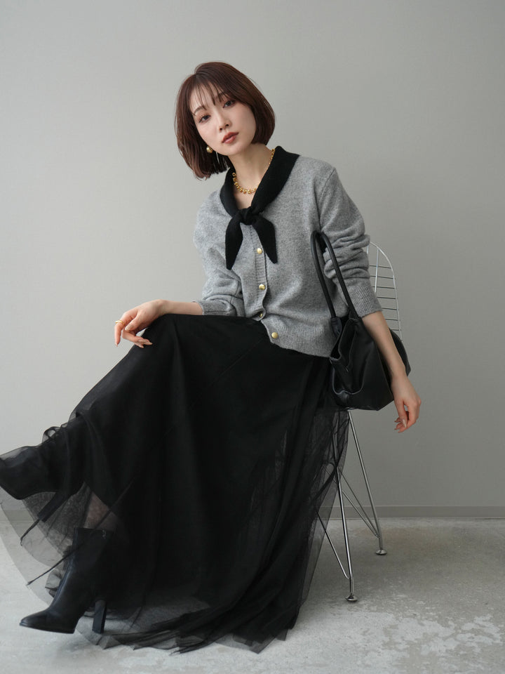 [SET]デザイン襟ニットカーディガン+チュールボリュームスカート(2set)