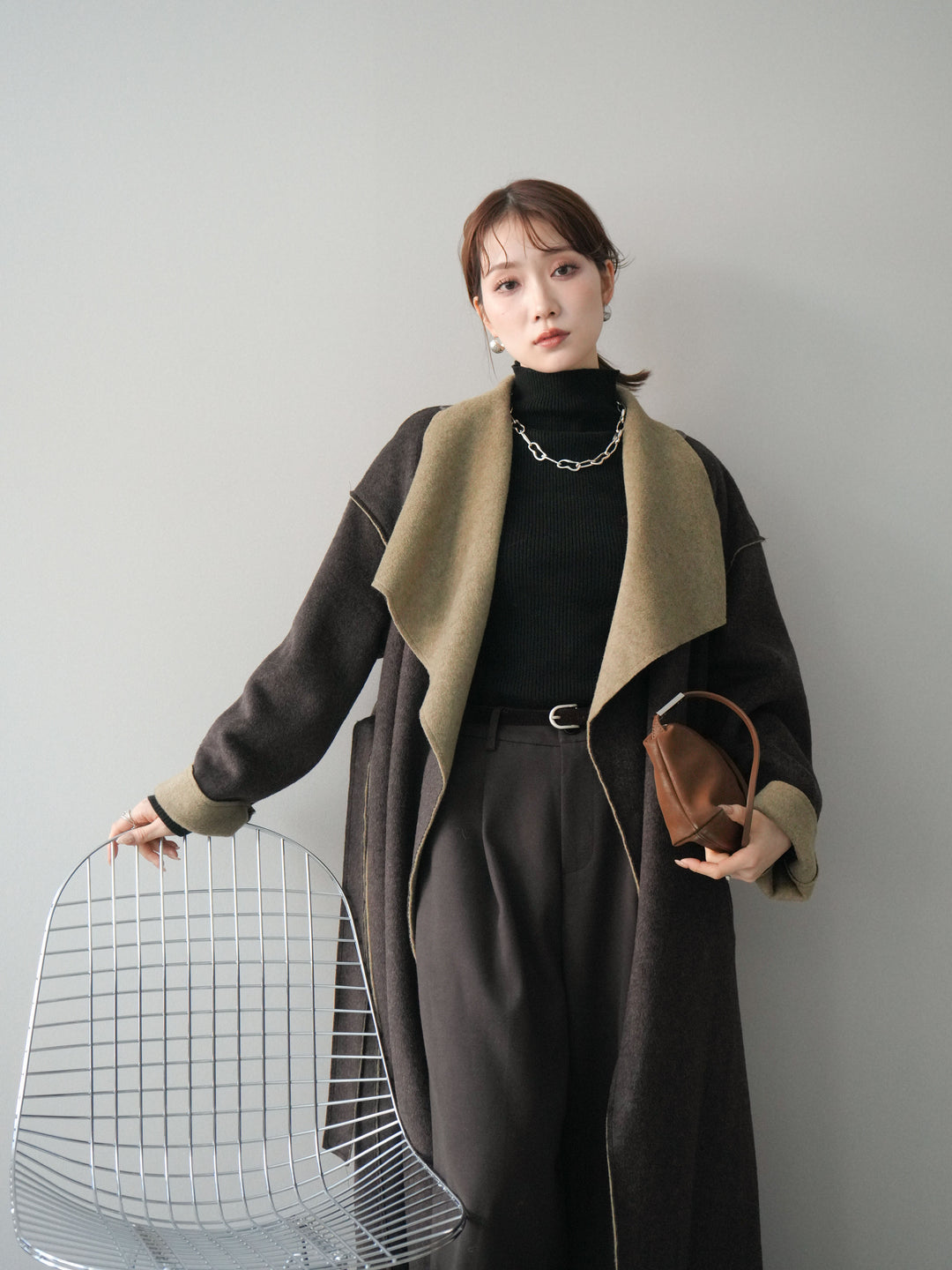 [予約]ダブルフェイスバイカラーロングコート/khaki