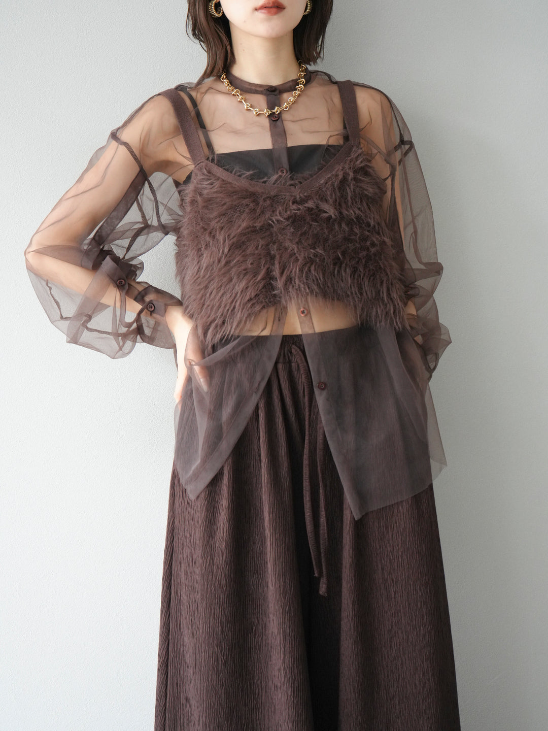 [予約]2WAYスリーブチュールシャツ/ブラウン