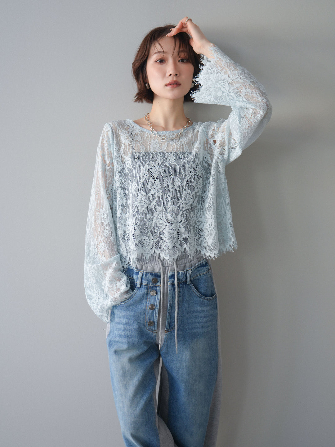 [SET]2WAYスリーブレーストップス+選べるアクセセット(2set)