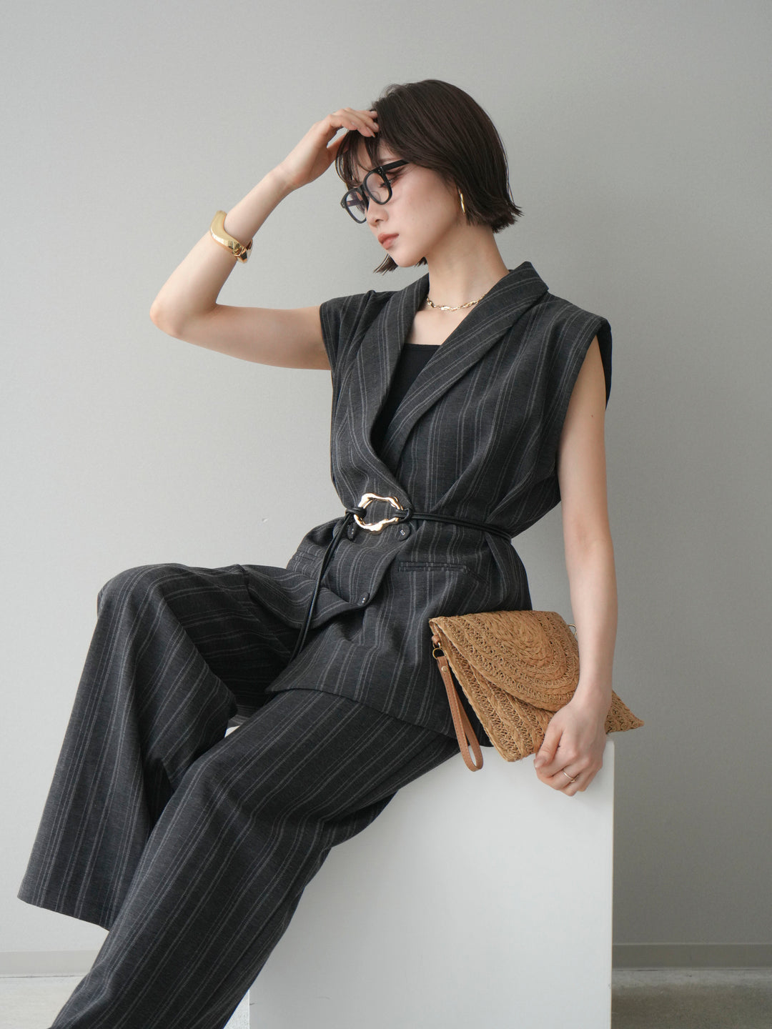 [SET]モチーフベルト付ストライプジレ＆パンツSETUP