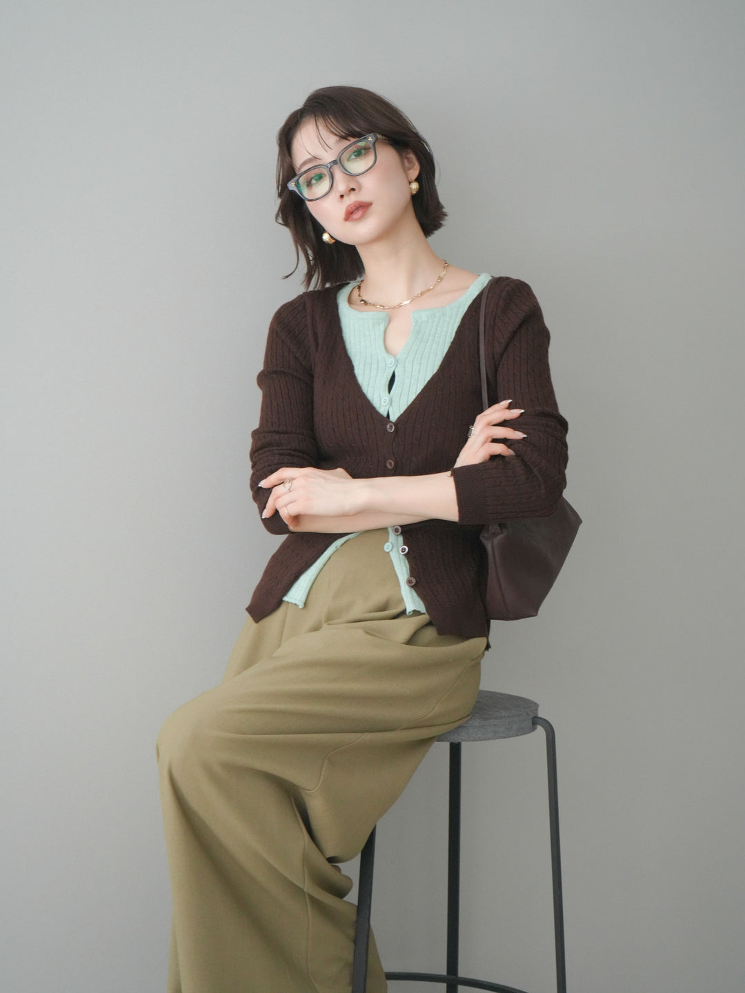 [予約]バイカラーレイヤードニットカーディガン/brown