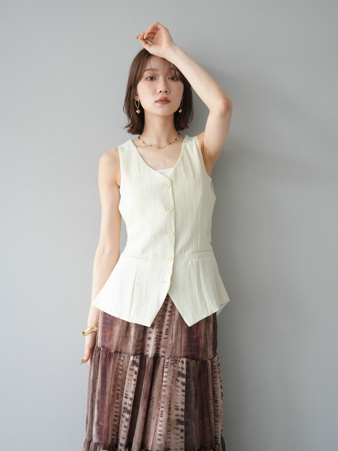 [SET]リネンタッチバックオープンベスト＆ニュアンス柄マキシスカートSET UP(2set)