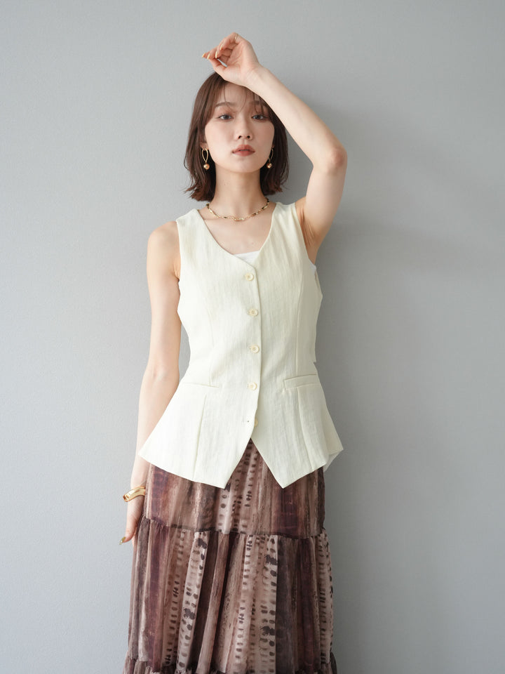 [SET]リネンタッチバックオープンベスト＆ニュアンス柄マキシスカートSET UP(2set)