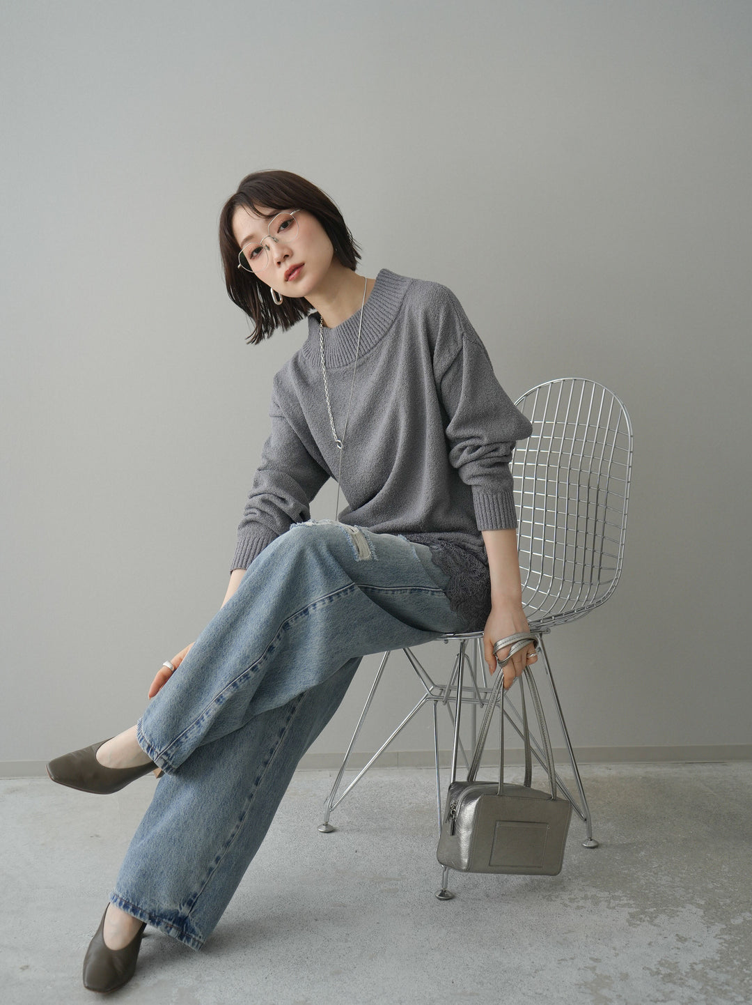 [SET]アシンメトリーレースヘムニットプルオーバー+アシンメトリーレースヘムニットプルオーバー(2set)