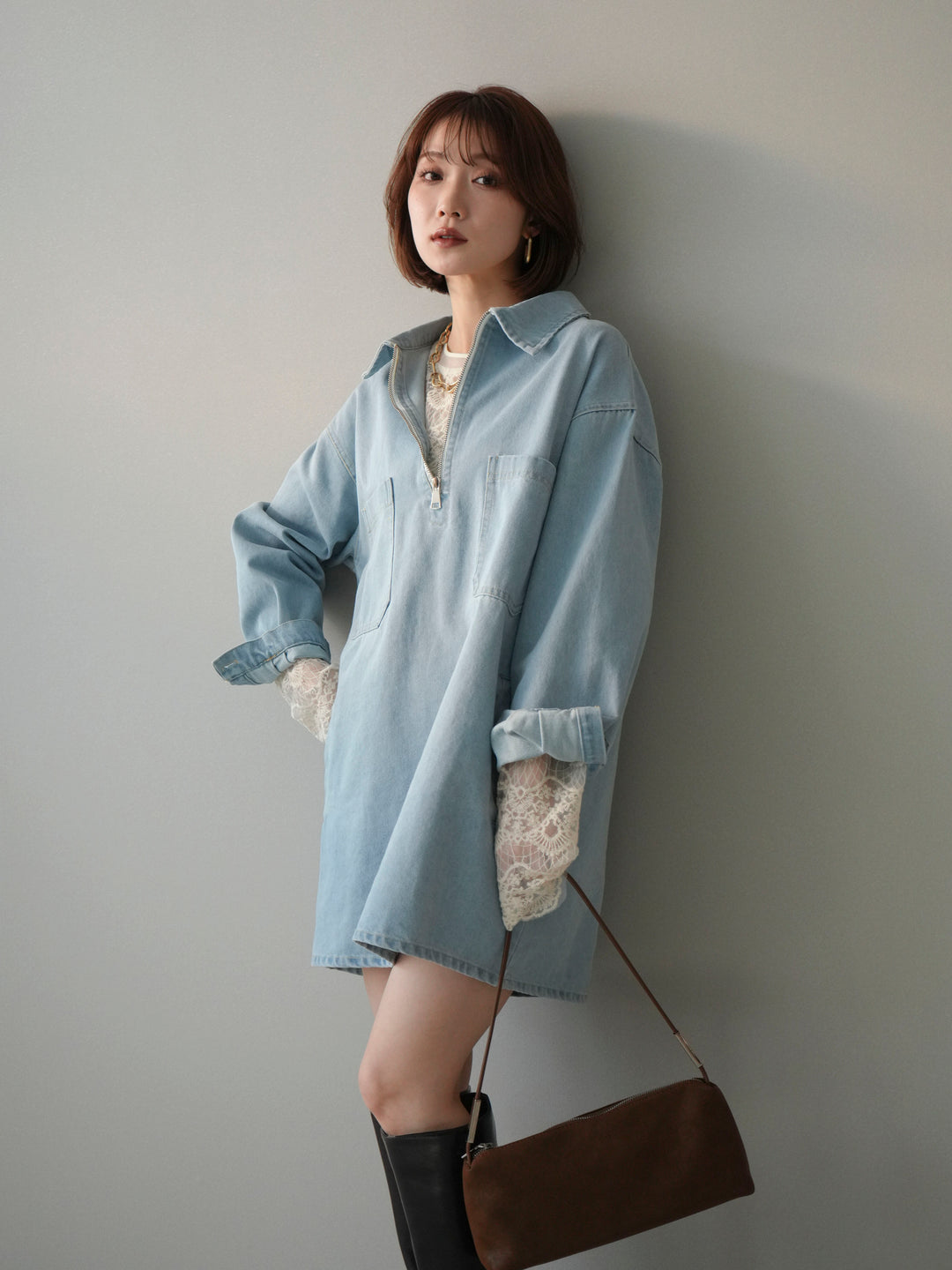 [SET]ハーフジップデニムミニワンピース+チュールレーストップス(2set)