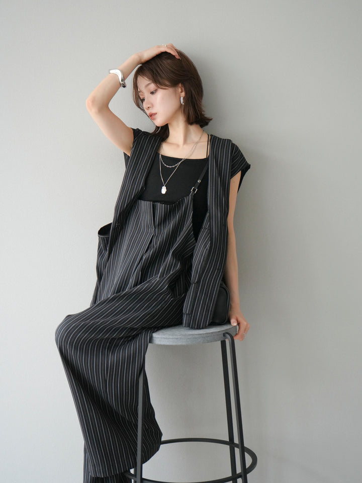 【着回しセット】[SET]ヘリンボーンストライプジレ+シアー切替ベロアトップス+ヘリンボーンストライプサロペット(3set)