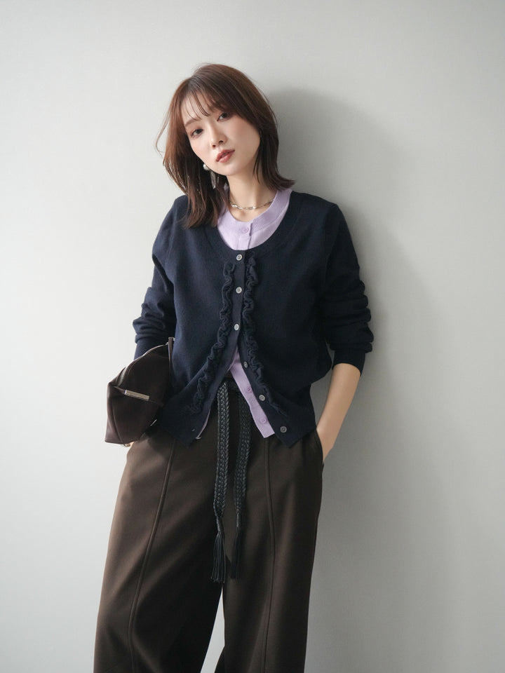 [予約]配色レイヤードフリルデザインニットカーディガン/black