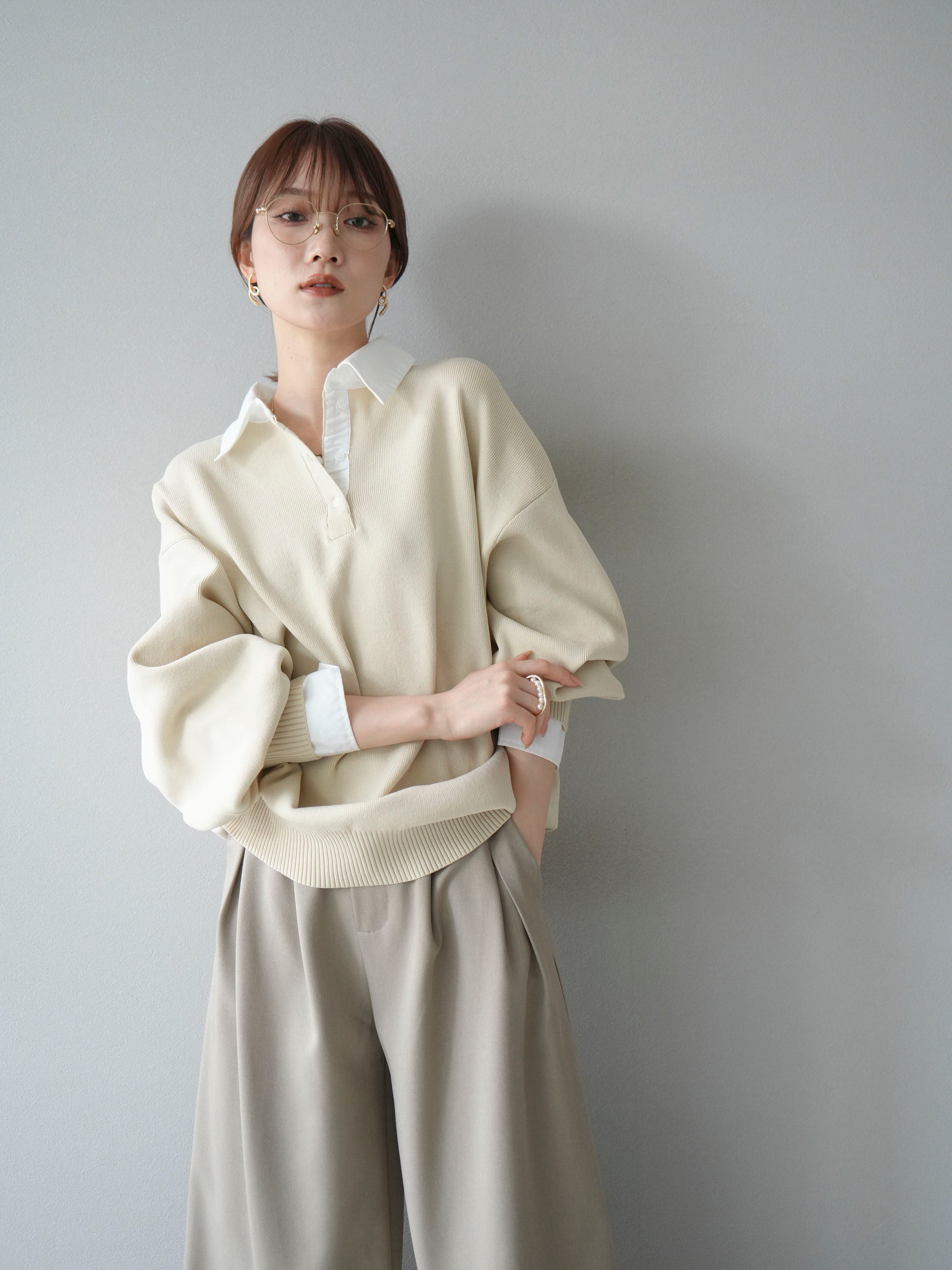 SET]襟付きポロニットプルオーバー+ダブルタックワイドパンツ(2set