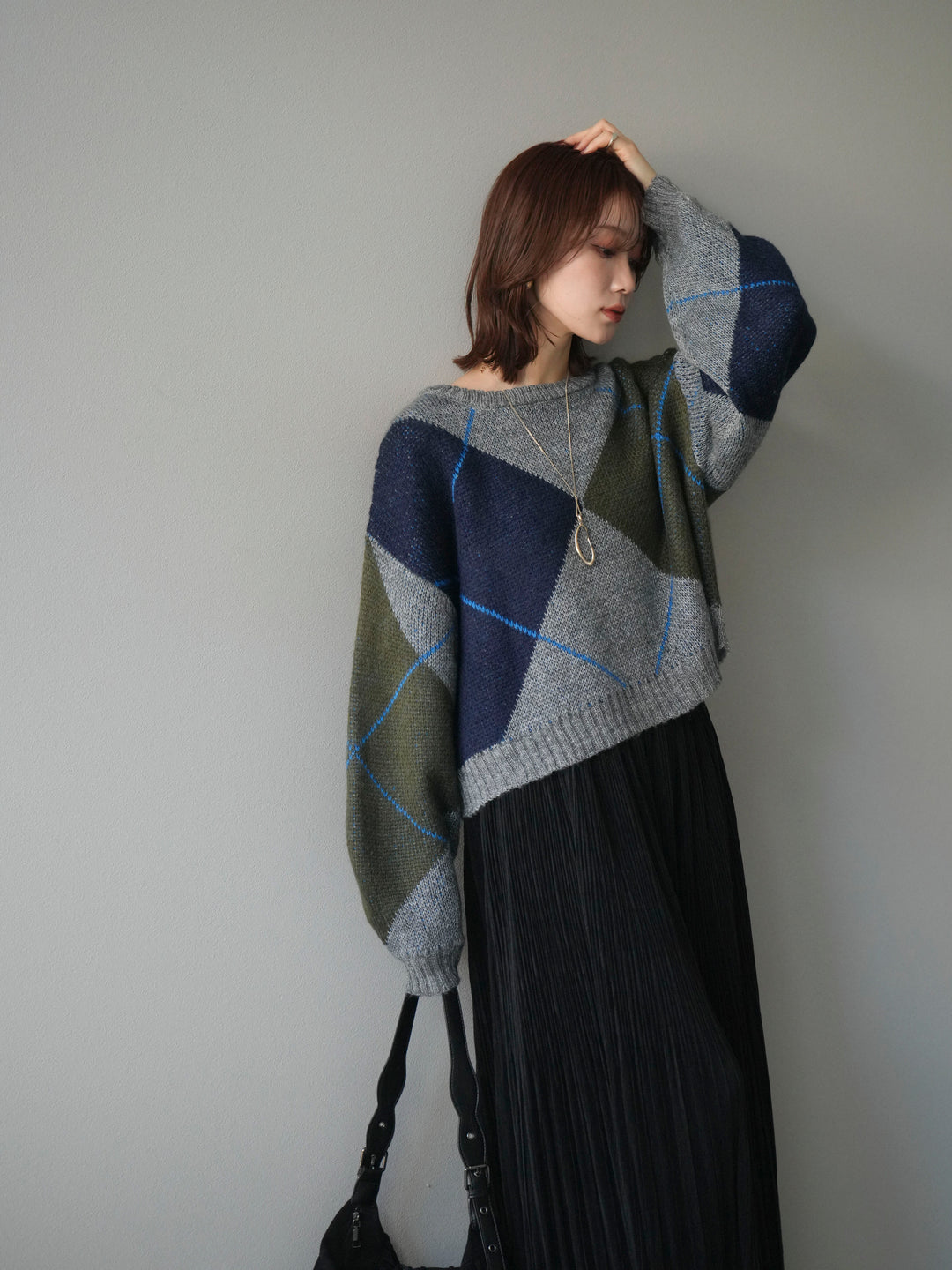 [SET]配色ステッチアーガイル柄ニットプルオーバー+裾レーススウェードプリーツマキシスカート(2set)