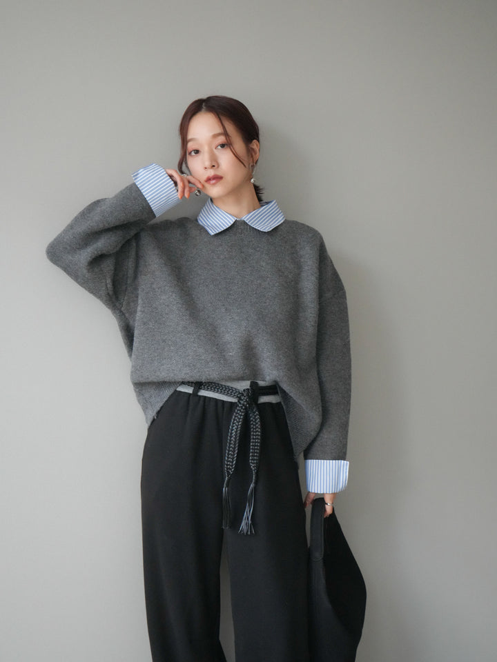 [SET]2WAYストライプ襟ニットプルオーバー+編み込みベルト付きウエスト配色スエットパンツ(2set)
