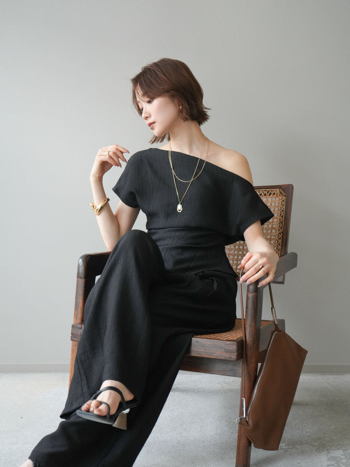 [予約]クレープアシンメトリーギャザートップス/black