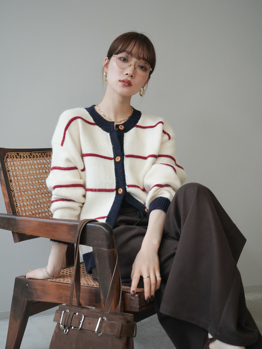 [予約]配色ボーダーニットカーディガン/red