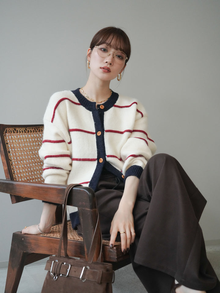 [予約]配色ボーダーニットカーディガン/red