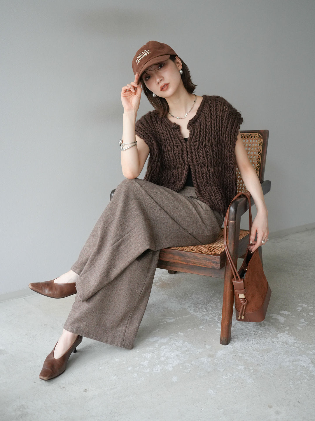 [SET] 手編繩結背心+粗花呢觸感褶皺寬褲（2件組）