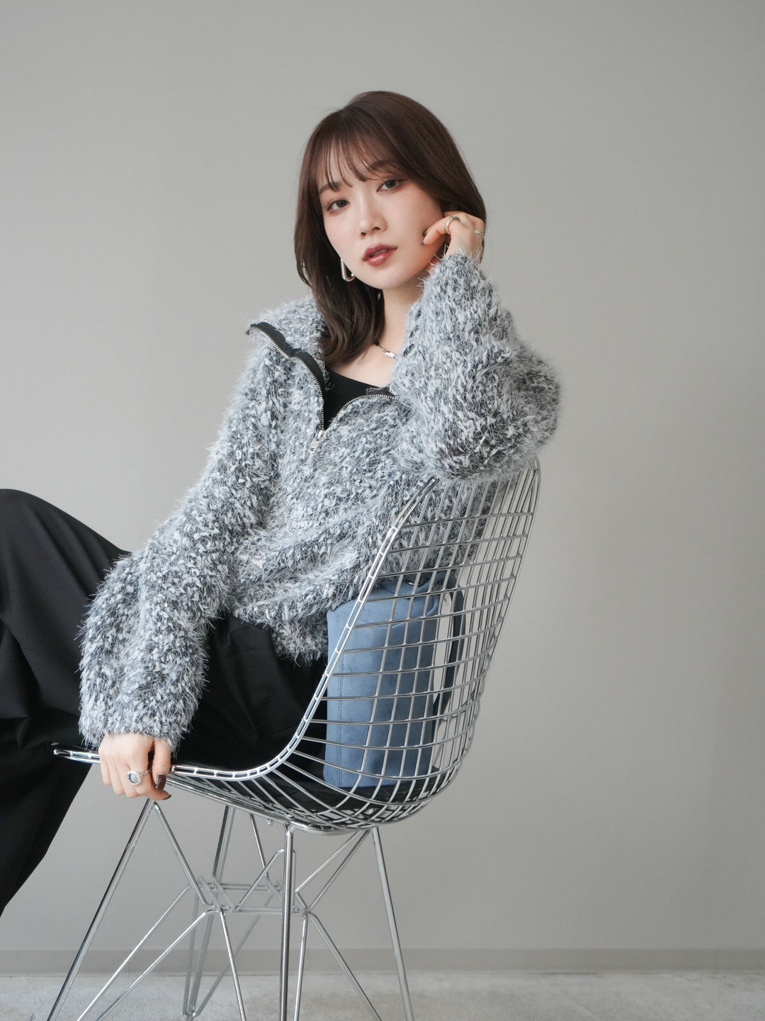 [予約]ミックスシャギージップニットカーディガン/black