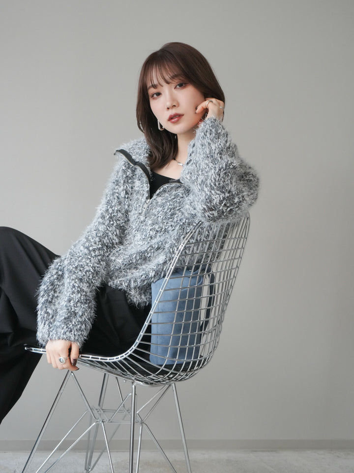 [予約]ミックスシャギージップニットカーディガン/black