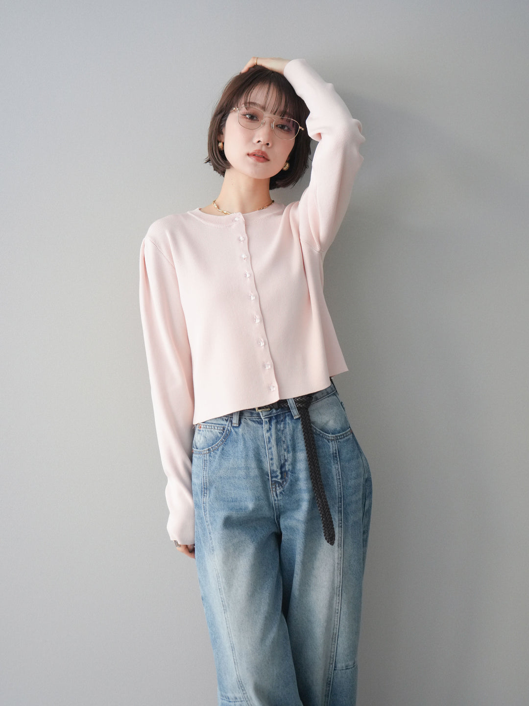 [予約]クリアボタンタックニットカーディガン/pink