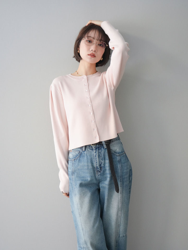 [予約]クリアボタンタックニットカーディガン/pink