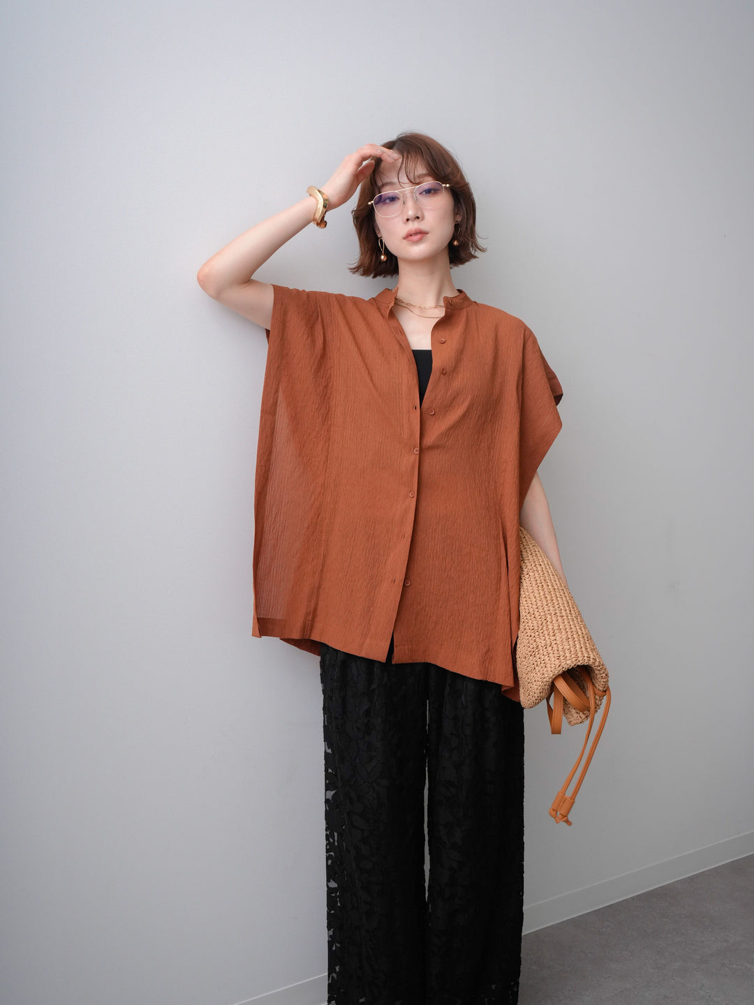 [予約]スクエアショルダーノースリワッシャーブラウス/brown