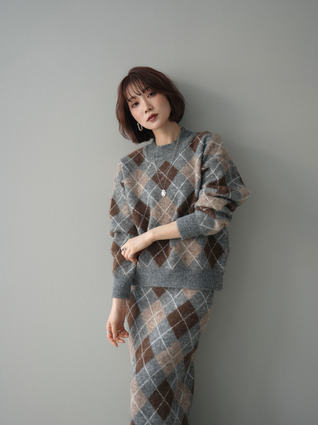 [SET]アーガイルニットプルオーバー&ロングスカートSET UP+選べるアクセセット(2set)