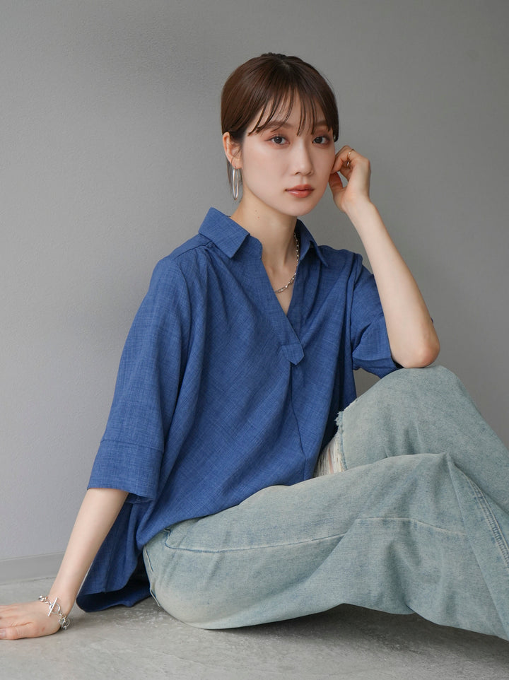 [Pre-order] Linen-touch half-sleeve skipper shirt/denim blue