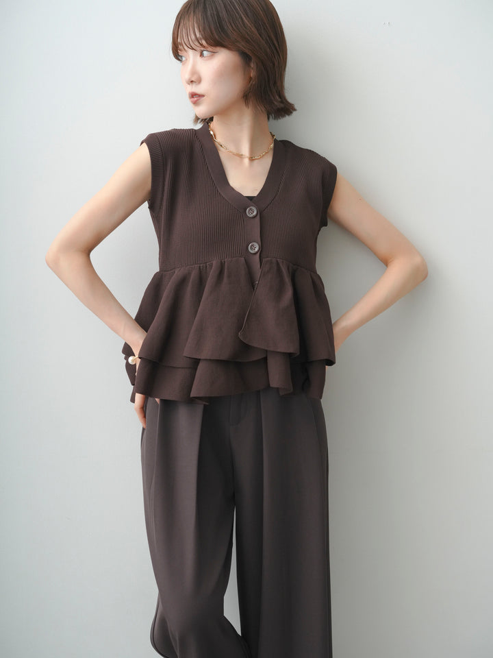 [予約]ダブルフリルペプラムノースリニットトップス/brown