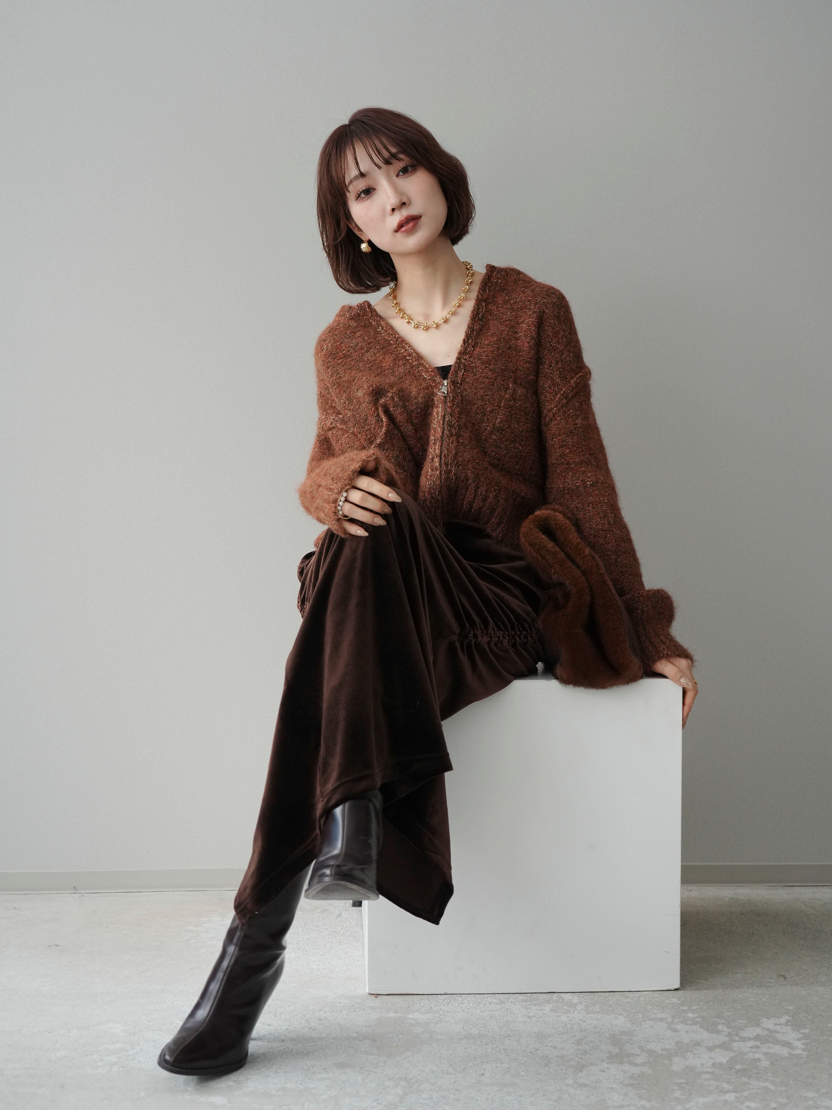 予約]ミックスヤーンダブルZIPニットカーディガン/brown – Lumier