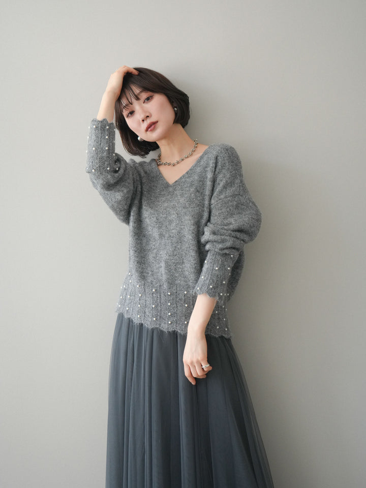 [SET]パールフリルリブヘムニットプルオーバー+チュールボリュームスカート(2set)