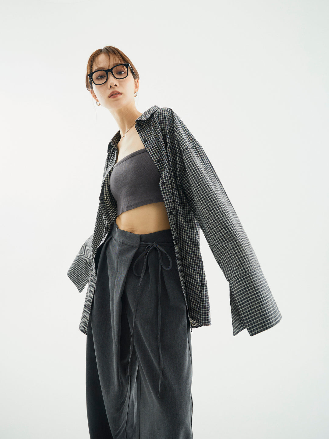 【Allure】[SET]チェックBIGカフスオーバーシャツ+ラップデザインタックワイドパンツ(2set)