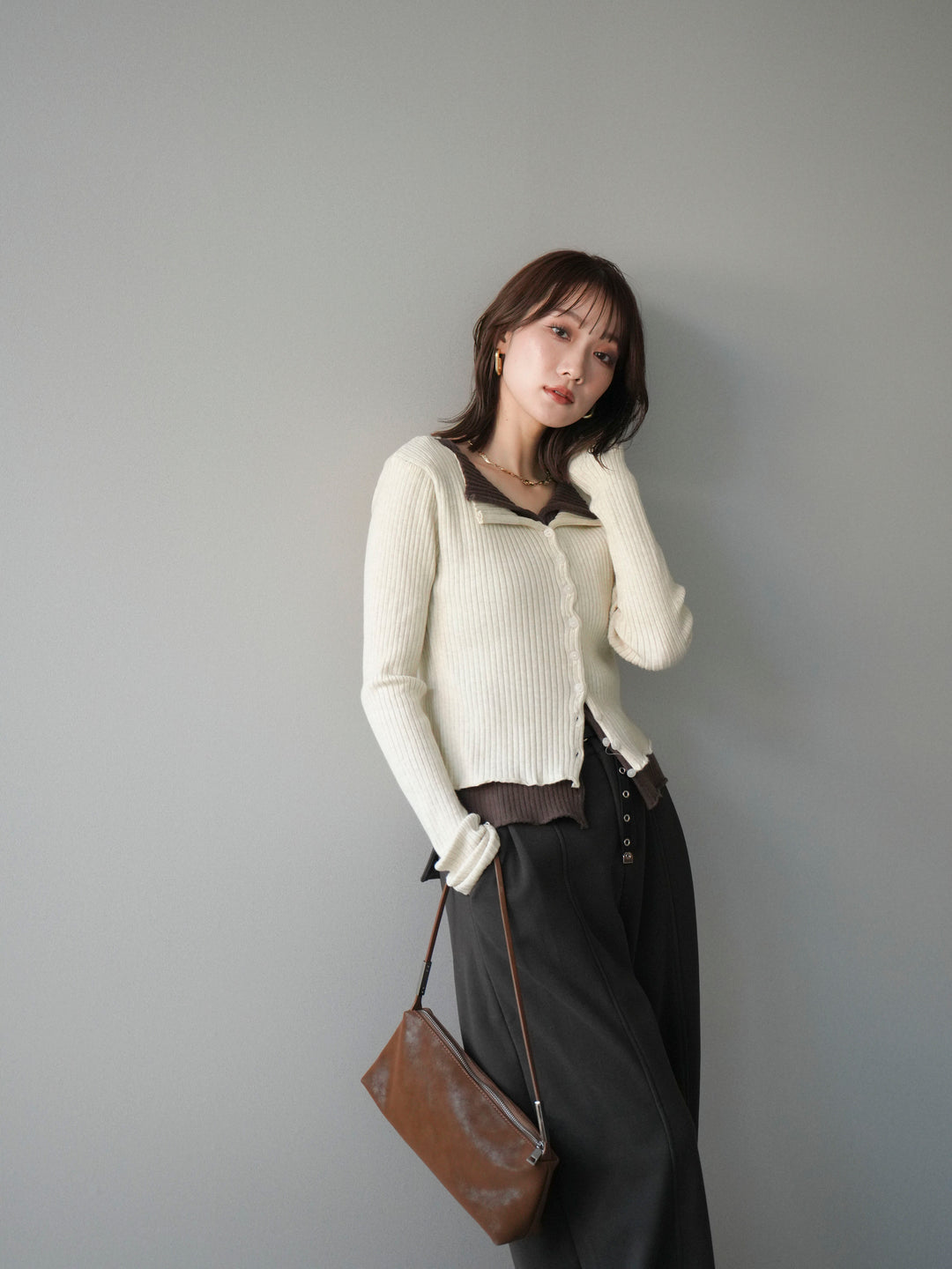 [予約]配色レイヤードリブニットカーディガン/ivory